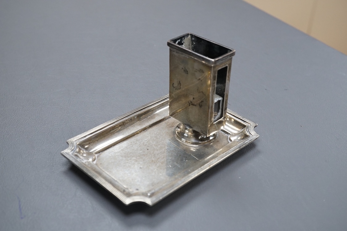 A George V silver Mappin and Webb match box holder ashtray, 12.6cm, a just a thimbleful sterling spirit tit, novelty 925 salt, modelled as a sack.